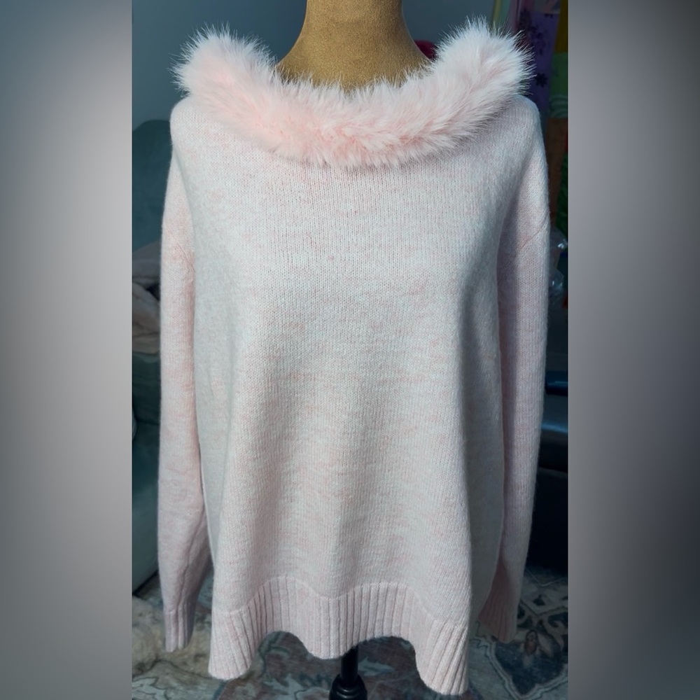 Very Pink Pullover Sweater W/ Faux Fur neckline. NWOT - Picture 7 of 7